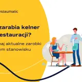 Ile zarabia kelner w restauracji? Grafika przedstawia kelnera podającego danie klientce przy stoliku, sugerując temat zarobków w gastronomii.
