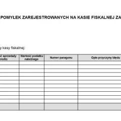 Formularz ewidencja pomyłek na kasie fiskalnej. Tabela zawiera kolumny: LP, wartość sprzedaży brutto, wartość podatku należnego, numer paragonu, opis przyczyny błędu, podpis sprzedawcy.