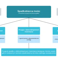 Schemat postępowania spadkowego: spadkobierca może przyjąć spadek wprost, z dobrodziejstwem inwentarza lub odrzucić spadek.