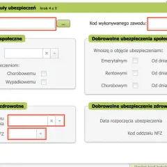 Formularz zgłoszeniowy do ZUS. Wpisz kod tytułu ubezpieczenia i zawodu, zaznacz rodzaje ubezpieczeń. Zapisz lub anuluj.