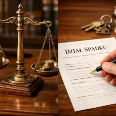 Waga sprawiedliwości z monetami i dokument "Dział Spadku" do podpisania.