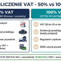 Porównanie odliczenia VAT 50% vs 100%. 50% VAT: brak formalności, brak ewidencji przebiegu. 100% VAT: VAT-26, ewidencja przebiegu dla celów vat.