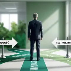 Biznesmen stoi na rozdrożu, wybierając między upadłością a restrukturyzacją.