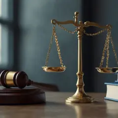 Młotek sędziowski, waga sprawiedliwości i stos ksiąg prawnych symbolizują sprawiedliwość i reprezentację osoby prawnej.