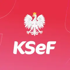 Biały orzeł i napis KSeF na różowym tle. System KSeF dla kogo? Dla wszystkich firm w Polsce.