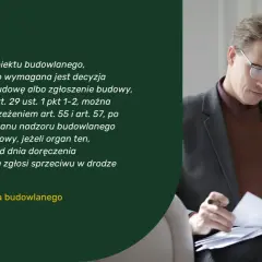 Mężczyzna w okularach analizuje dokumenty dotyczące pozwolenia na użytkowanie obiektu budowlanego.