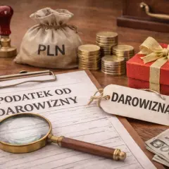 Dokument "Podatek od darowizny", lupa, worek z PLN, monety, prezent i banknoty. Kiedy nie trzeba zgłaszać darowizny do urzędu skarbowego.