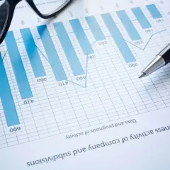Okulary i długopis na wykresie pokazującym dochód firmy. Analiza danych biznesowych.