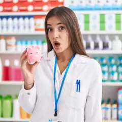 Zaskoczona farmaceutka trzyma skarbonkę, zastanawiając się, ile zarabia technik farmacji.
