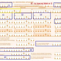 Formularz ZUS IMIR, blok III, zawiera dane o składkach na ubezpieczenia społeczne i zdrowotne.