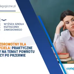 Zmęczona nauczycielka w okularach, stos książek. Artykuł o urlopie zdrowotnym dla nauczycieli i powrocie do pracy po przerwie.