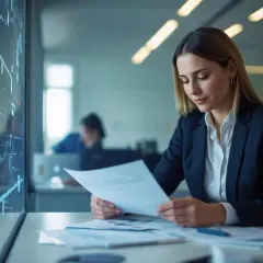 Kobieta w garniturze analizuje dokumenty, obok ekran z wykresami. Uważnie chroni dane wrażliwe.