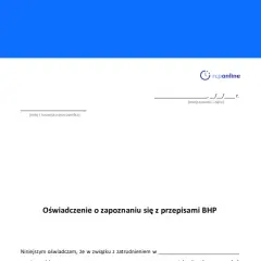 Oświadczenie o zapoznaniu się z przepisami BHP, potwierdzające odbycie szkolenia wstępnego BHP.