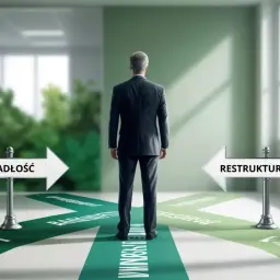 Biznesmen stoi na rozdrożu, wybierając między upadłością a restrukturyzacją.