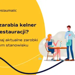 Ile zarabia kelner w restauracji? Grafika przedstawia kelnera podającego danie klientce przy stoliku, sugerując temat zarobków w gastronomii.