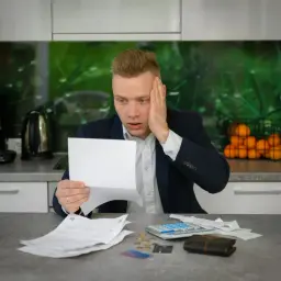 Zmartwiony mężczyzna z dokumentami i kalkulatorem. Czy umowa zlecenie chroni przed komornikiem?