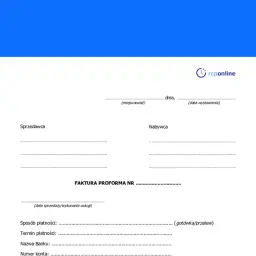 Szablon faktury proforma z polami do wypełnienia danych sprzedawcy, nabywcy, daty, sposobu i terminu płatności.