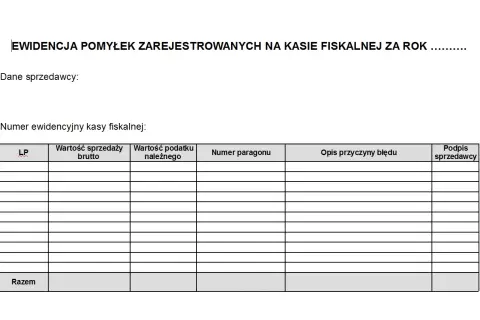 Formularz ewidencja pomyłek na kasie fiskalnej. Tabela zawiera kolumny: LP, wartość sprzedaży brutto, wartość podatku należnego, numer paragonu, opis przyczyny błędu, podpis sprzedawcy.