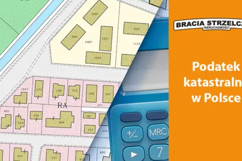 Mapa działek i kalkulator symbolizują obliczenia związane z podatkiem katastralnym w Polsce.