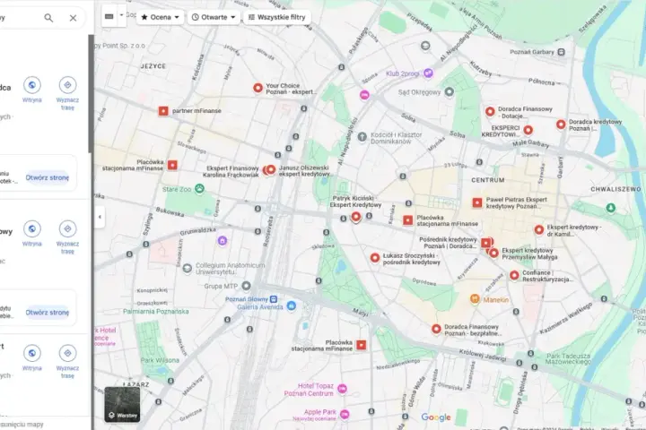 Mapa Poznania z zaznaczonymi doradcami kredytowymi i ekspertami finansowymi.