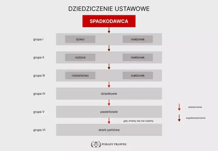 Schemat przedstawia kolejność dziedziczenia ustawowego: od dzieci i małżonka, przez rodziców, rodzeństwo, dziadków, pasierbów, aż do skarbu państwa.
