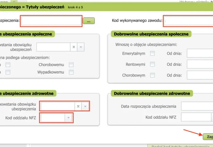 Formularz zgłoszeniowy do ZUS. Wpisz kod tytułu ubezpieczenia i zawodu, zaznacz rodzaje ubezpieczeń. Zapisz lub anuluj.