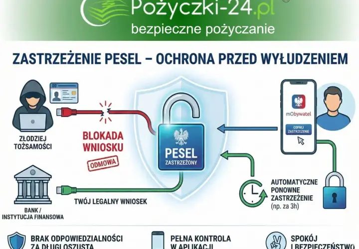 Jak zastrzec PESEL? Schemat pokazuje ochronę przed wyłudzeniem. Złodziej próbuje, ale blokada wniosku chroni Twój PESEL. Możesz cofnąć zastrzeżenie w aplikacji mObywatel.