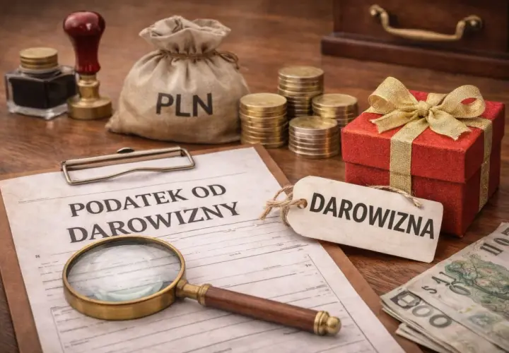 Dokument "Podatek od darowizny", lupa, worek z PLN, monety, prezent i banknoty. Kiedy nie trzeba zgłaszać darowizny do urzędu skarbowego.