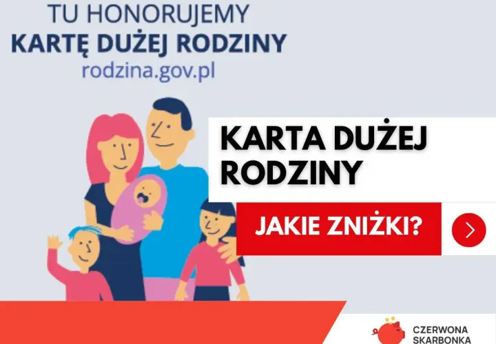 Ilustracja rodziny z dziećmi, promująca Kartę Dużej Rodziny i informująca o zniżkach.