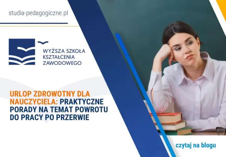 Zmęczona nauczycielka w okularach, stos książek. Artykuł o urlopie zdrowotnym dla nauczycieli i powrocie do pracy po przerwie.