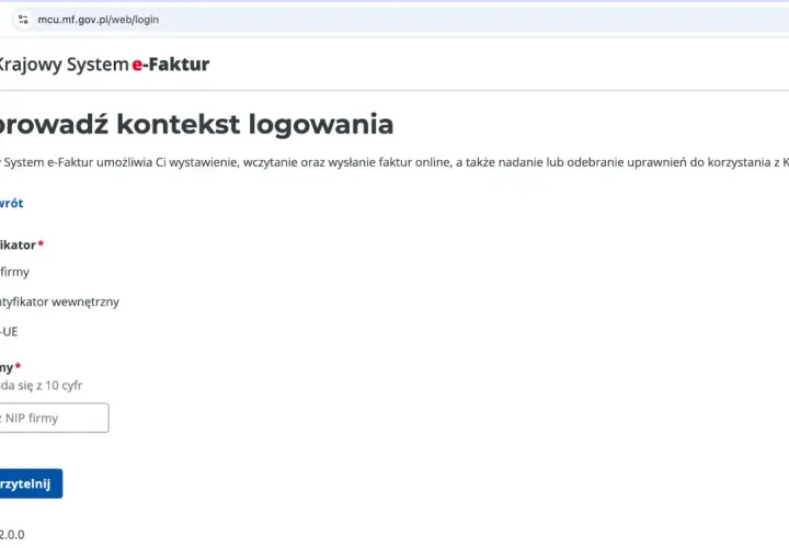 Ekran logowania do Krajowego Systemu e-Faktur. Użytkownik wybiera identyfikator firmy, np. NIP, do samofakturowania.