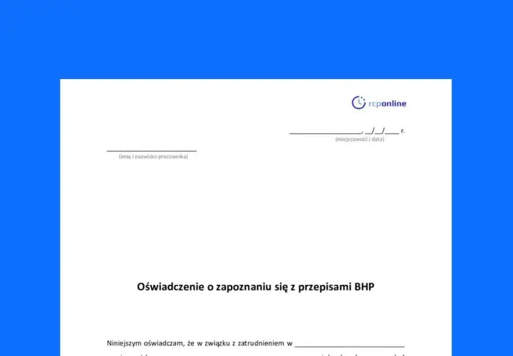Oświadczenie o zapoznaniu się z przepisami BHP, potwierdzające odbycie szkolenia wstępnego BHP.