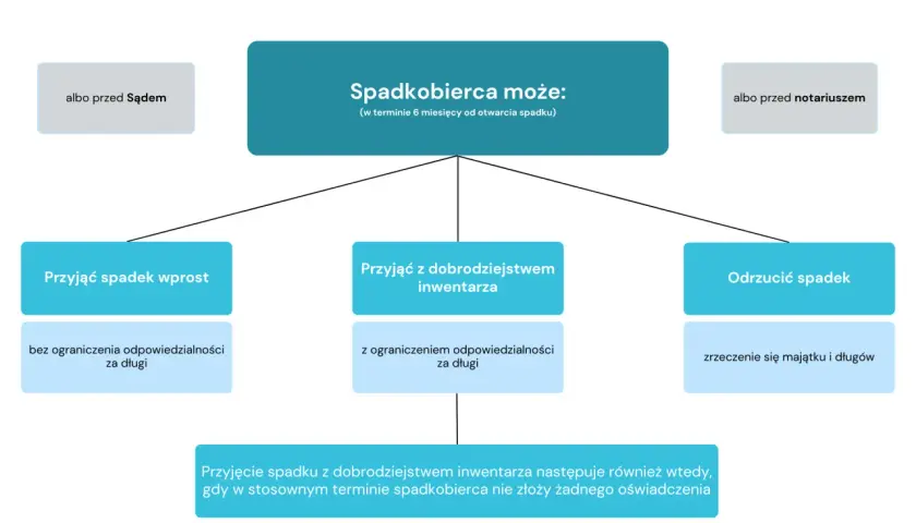 Schemat postępowania spadkowego: spadkobierca może przyjąć spadek wprost, z dobrodziejstwem inwentarza lub odrzucić spadek.