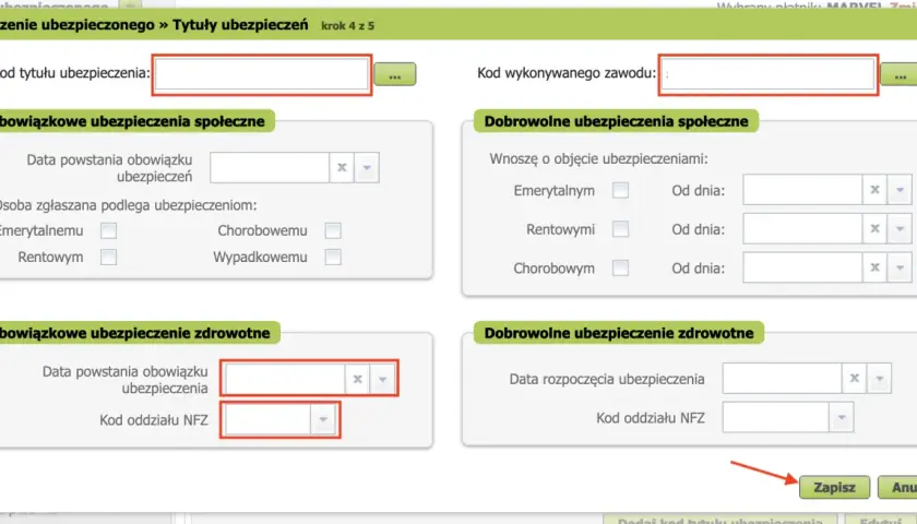 Formularz zgłoszeniowy do ZUS. Wpisz kod tytułu ubezpieczenia i zawodu, zaznacz rodzaje ubezpieczeń. Zapisz lub anuluj.