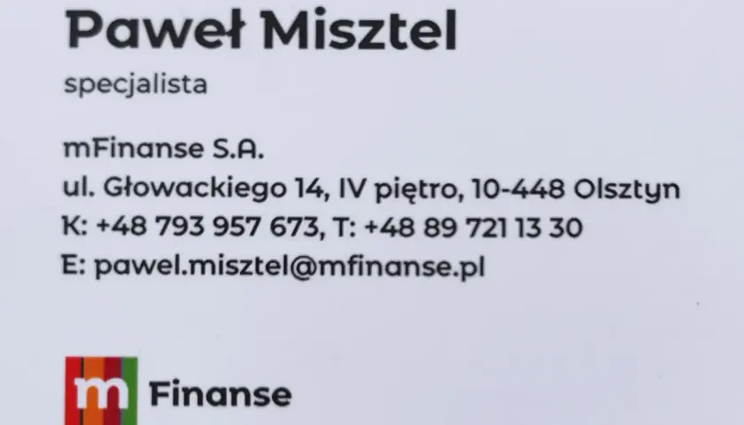 Wizytówka Pawła Misztela, specjalisty mFinanse S.A. z Olsztyna.