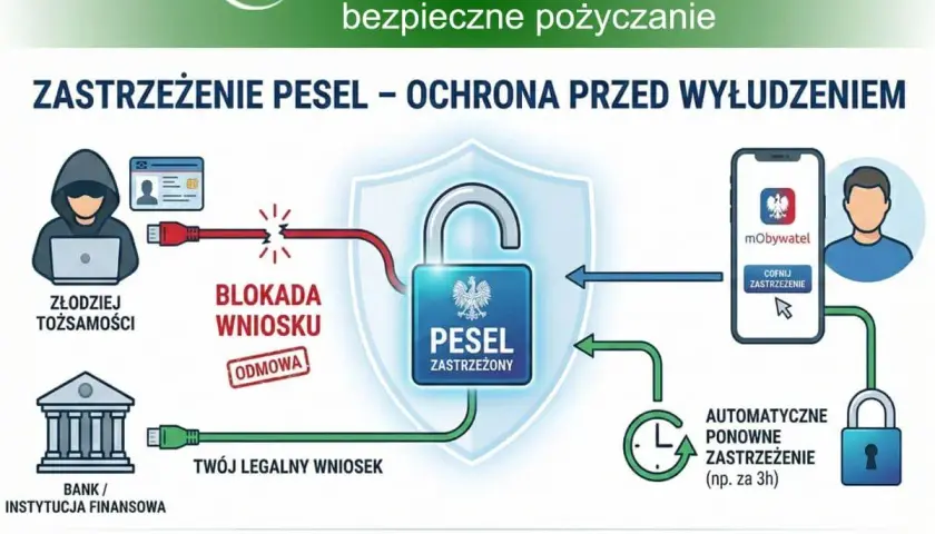 Jak zastrzec PESEL? Schemat pokazuje ochronę przed wyłudzeniem. Złodziej próbuje, ale blokada wniosku chroni Twój PESEL. Możesz cofnąć zastrzeżenie w aplikacji mObywatel.