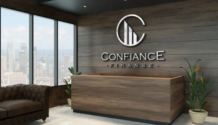 Nowoczesne biuro z logo "CONFIANCE FINANSE", kanapą i widokiem na miasto.
