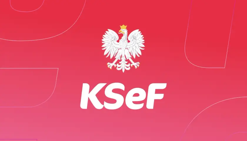 Biały orzeł i napis KSeF na różowym tle. System KSeF dla kogo? Dla wszystkich firm w Polsce.