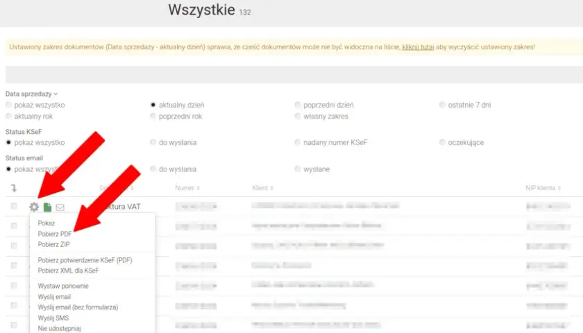 Menu "Pobierz PDF" pozwala uzyskać duplikat faktury.