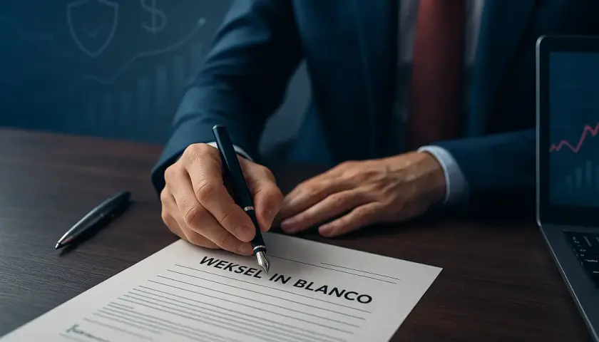 Biznesmen podpisuje weksel in blanco. Na ekranie laptopa wykres finansowy.