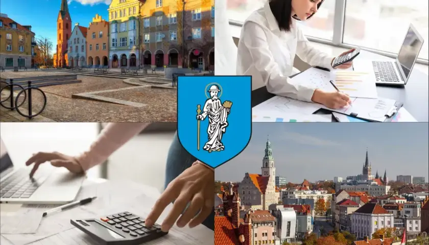 Kolaż: Rynek w Olsztynie, kobieta z kalkulatorem, herb miasta, widok na Olsztyn.