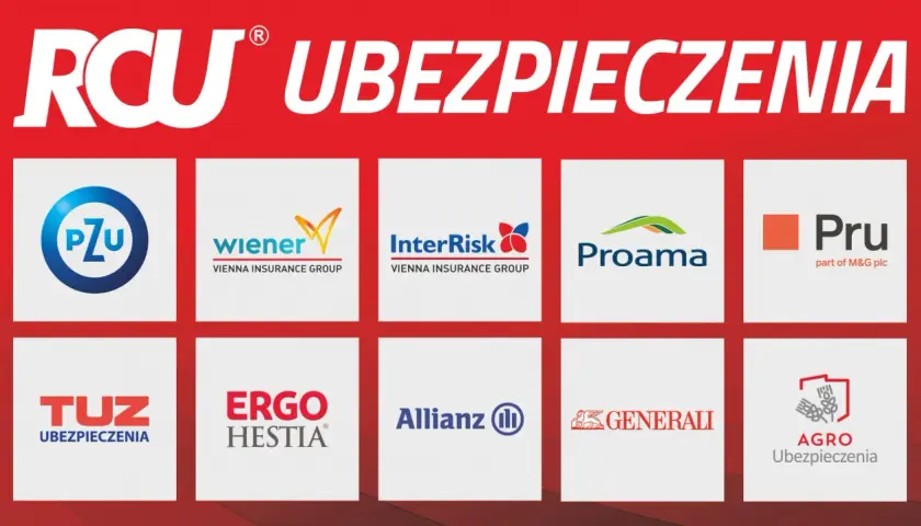 Loga firm ubezpieczeniowych: PZU, Wiener, InterRisk, Proama, Pru, TUZ, Ergo Hestia, Allianz, Generali, Agro Ubezpieczenia.