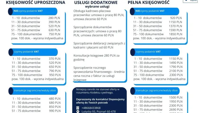 Cennik usług księgowych: uproszczona, pełna, dodatkowe, transakcje zagraniczne.