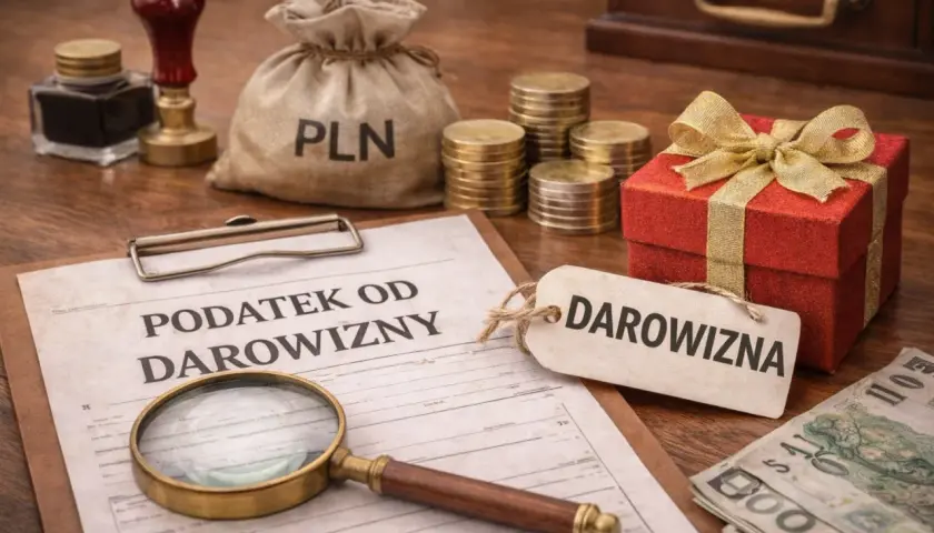 Dokument "Podatek od darowizny", lupa, worek z PLN, monety, prezent i banknoty. Kiedy nie trzeba zgłaszać darowizny do urzędu skarbowego.