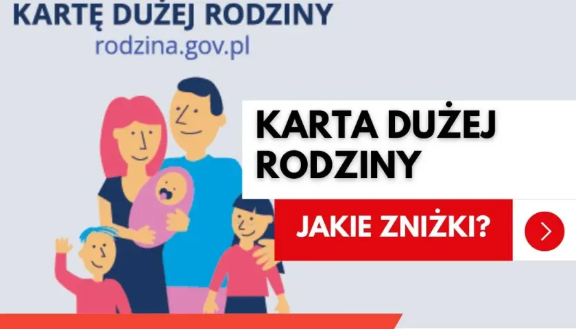 Ilustracja rodziny z dziećmi, promująca Kartę Dużej Rodziny i informująca o zniżkach.