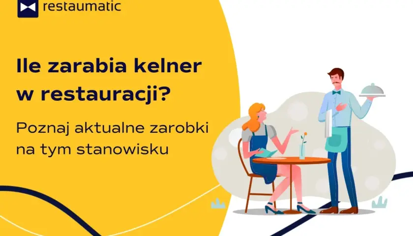 Ile zarabia kelner w restauracji? Grafika przedstawia kelnera podającego danie klientce przy stoliku, sugerując temat zarobków w gastronomii.