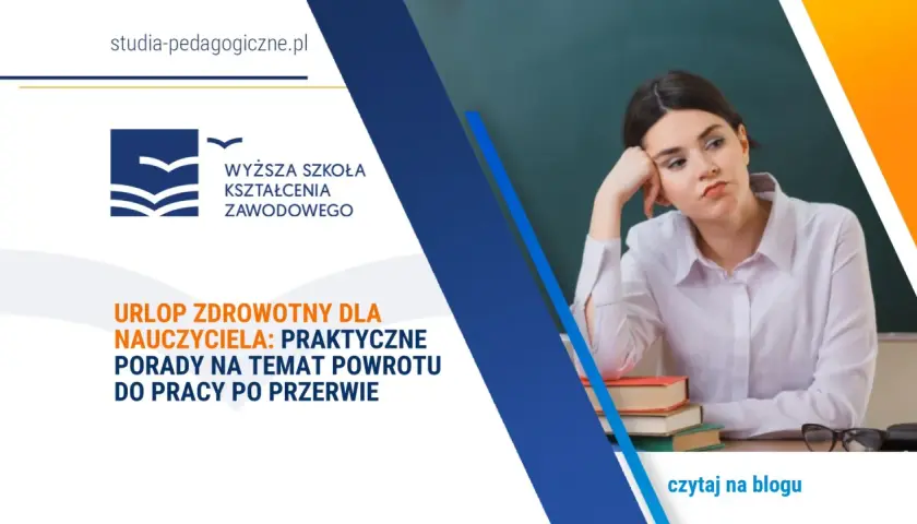 Zmęczona nauczycielka w okularach, stos książek. Artykuł o urlopie zdrowotnym dla nauczycieli i powrocie do pracy po przerwie.