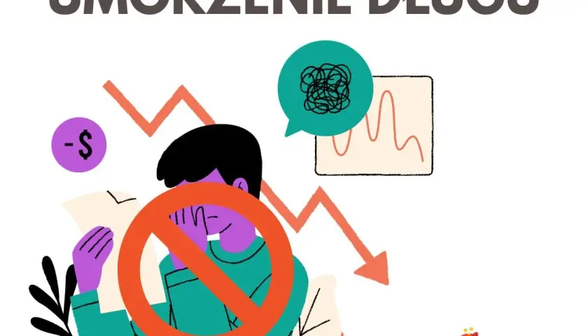 Osoba zmartwiona długami, symbol zakazu, wykresy i napis "UMORZENIE DŁUGU". Czas na rozwiązanie problemów finansowych.