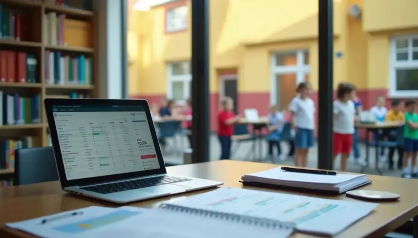 Laptop z wykresem na ekranie, notatki i książki. W tle dzieci na dziedzińcu. Czy to podpowiedź, ile zarabia psycholog?