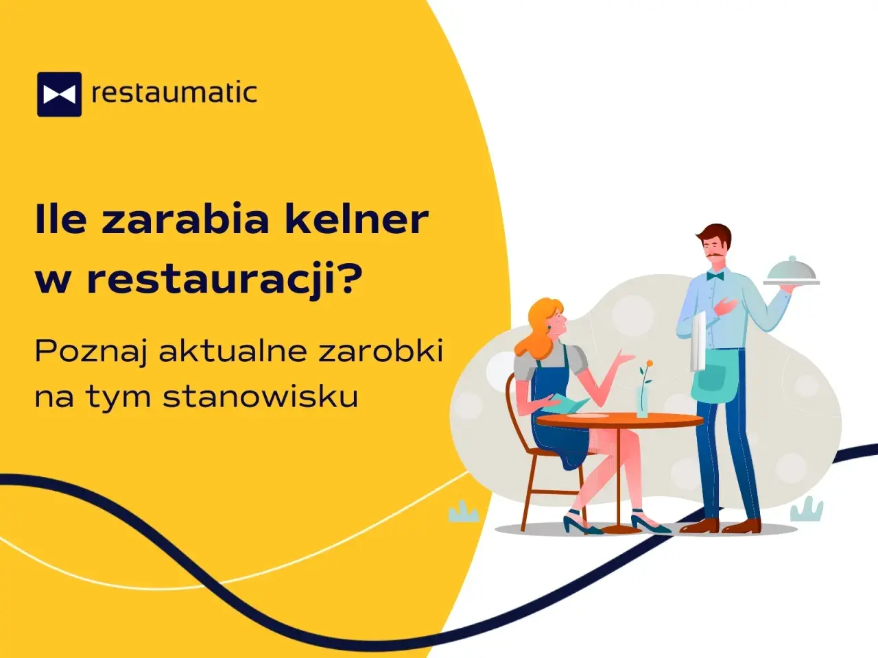 Ile zarabia kelner w restauracji? Grafika przedstawia kelnera podającego danie klientce przy stoliku, sugerując temat zarobków w gastronomii.